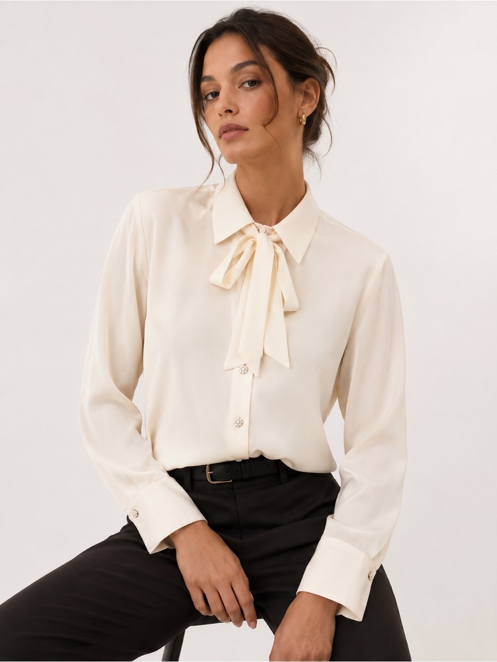 ZARA Cream Satin Blouse Pearl Button Detail Size Large (NWT)